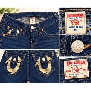 True Religion Julie Dark Wash Gold Foil Horseshoe Low Rise Skinny Jeans 26